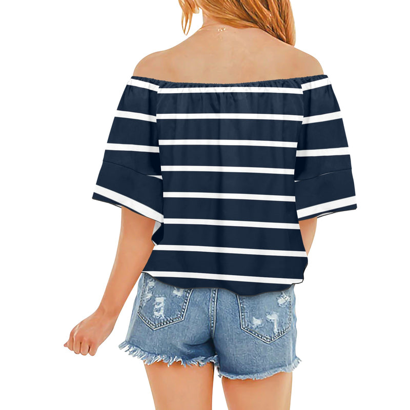 dk blue striped print 2 A B Off Shoulder Knot Front Blouse (Model T71) - Objet D'Art