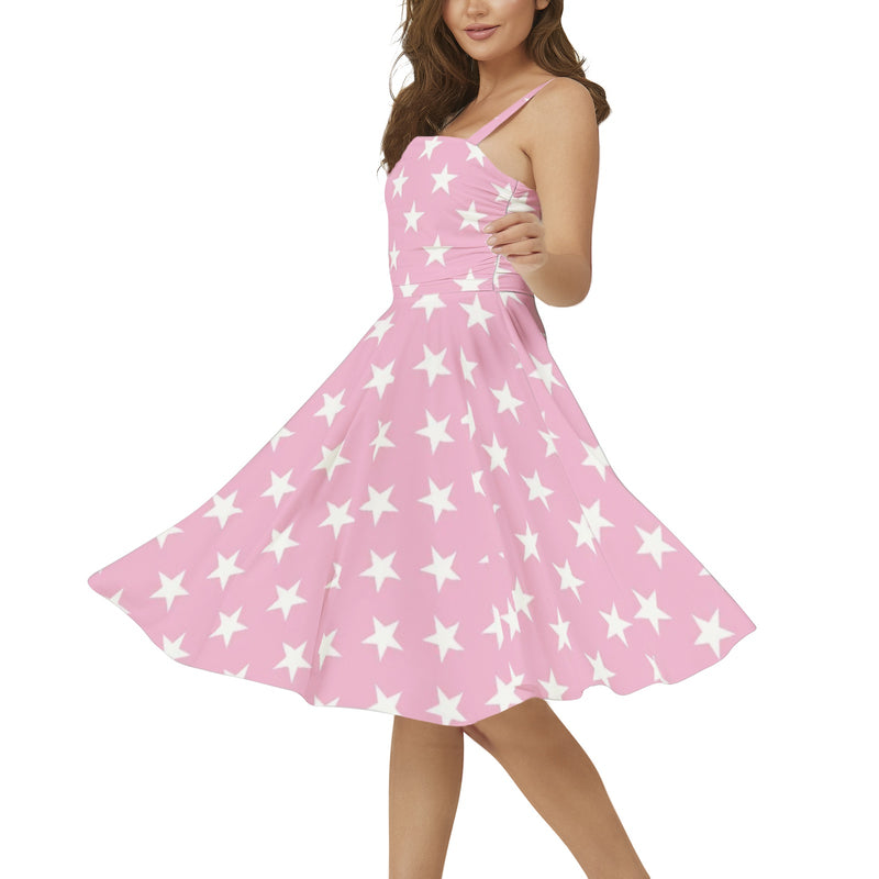 All Stars in Pink Sleeveless Square Neck Flare Hem Midi Dress - Objet D'Art