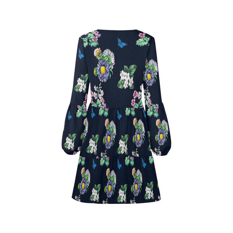 floral blue print 5 V-Neck Loose Fit Dress (Model D62) - Objet D'Art