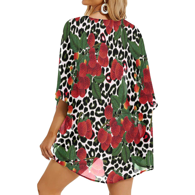 rasp leopard print 3 Women's Kimono Chiffon Cover Up (Model H51) - Objet D'Art