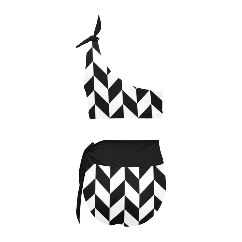 black solid print skirt High Waisted One Shoulder Bikini Set (Model S16) - Objet D'Art