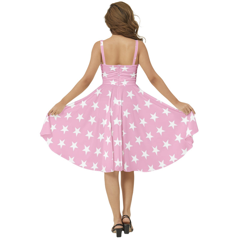 All Stars in Pink Sleeveless Square Neck Flare Hem Midi Dress - Objet D'Art