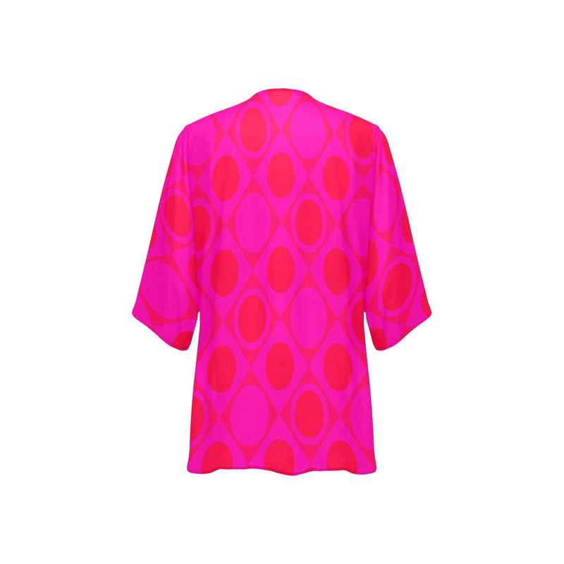 fuchsia diamond pattern Women's Kimono Chiffon Cover Up (Model H51) - Objet D'Art