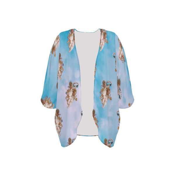 cheribum in the clouds print 3 Women's Kimono Chiffon Cover Up (Model H51) - Objet D'Art