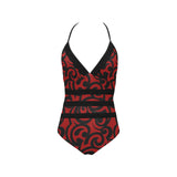 red and black scroll print Lace Band Embossing Swimsuit (Model S15) - Objet D'Art