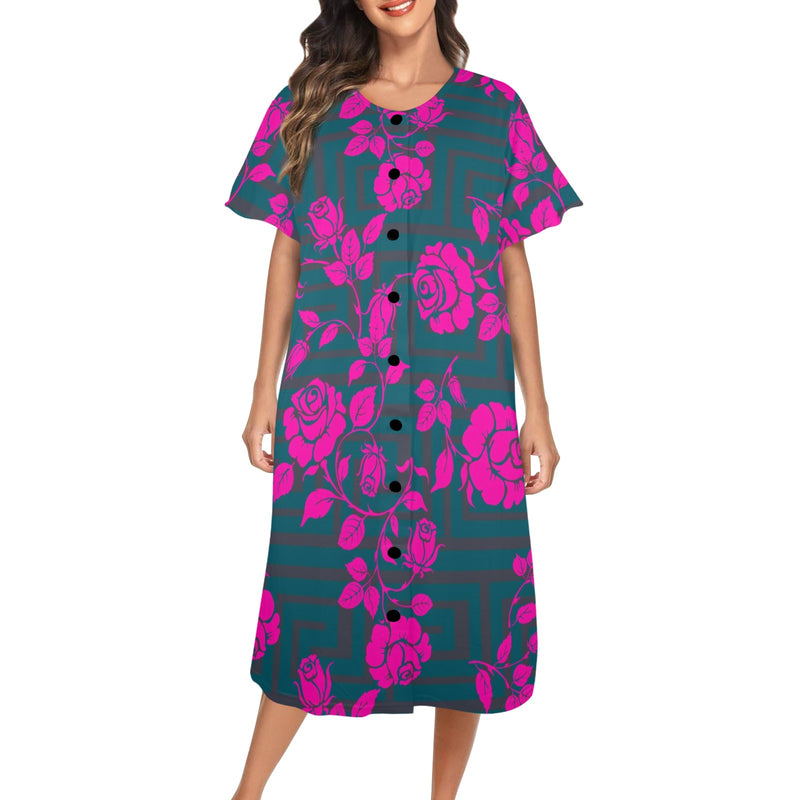 fuchsia rose emerald green greek key print 4 Women's Button Front House Dress - Objet D'Art