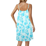 light blue greek key and medium blue roses print 2 Drawstring Neck Sleeveless Dress (Model D68) - Objet D'Art