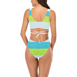 NEON GREEN BLUE WHITE MICROSTRIPED PRINT 2 Cross String Bikini Set (Model S29) - Objet D'Art