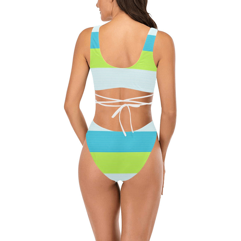 NEON GREEN BLUE WHITE MICROSTRIPED PRINT 2 Cross String Bikini Set (Model S29) - Objet D'Art