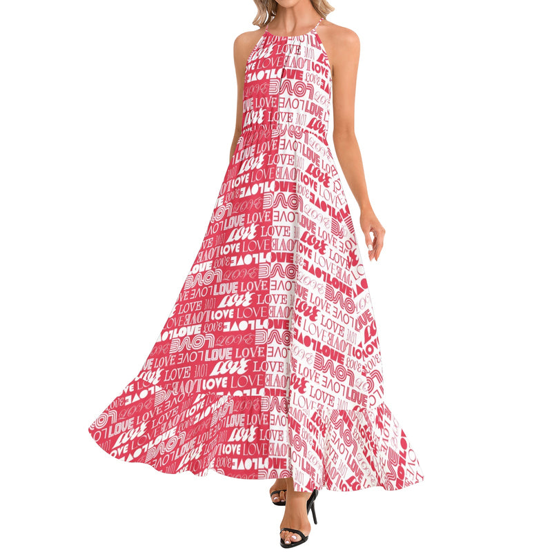 Two Tone Love Print Ruffle Hem Halter Neck Maxi Dress - Objet D'Art