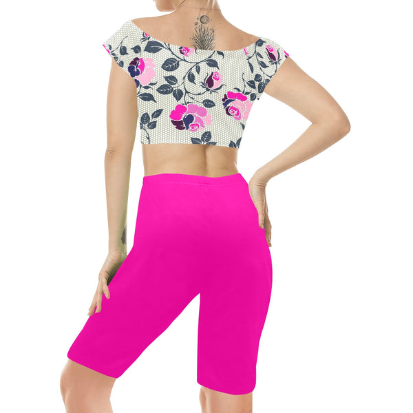 fuchsia solid print 6Q Women's Crop Top Yoga Set - Objet D'Art