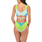 v striped neon green blue white print 5 Cross String Bikini Set (Model S29) - Objet D'Art