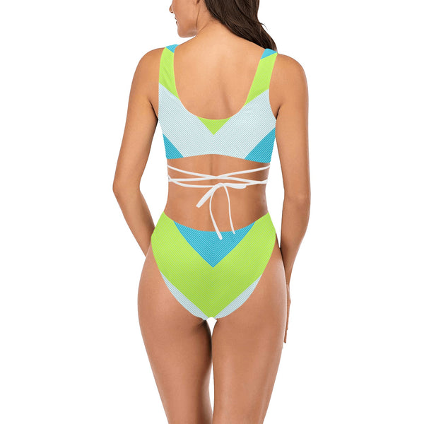 v striped neon green blue white print 5 Cross String Bikini Set (Model S29) - Objet D'Art