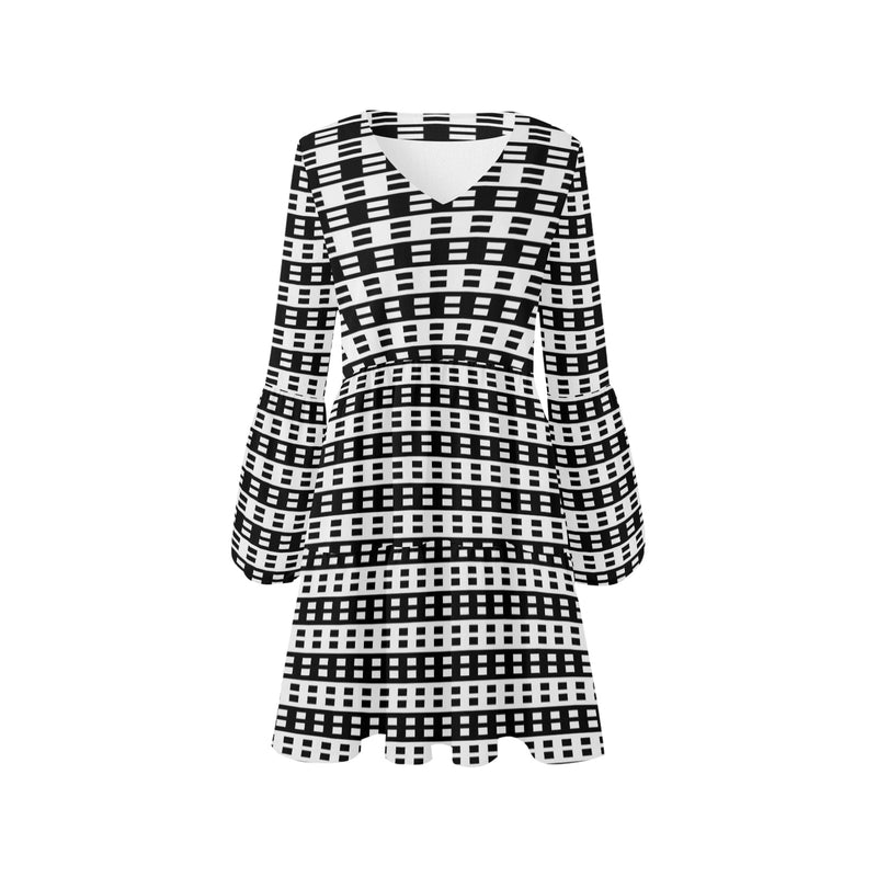 bw dash print V-Neck Loose Fit Dress (Model D62) - Objet D'Art