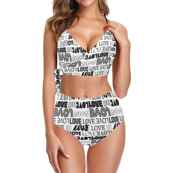 love print bw 2 Knot Side Bikini Swimsuit (Model S37) - Objet D'Art