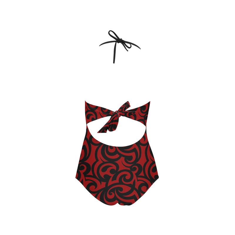 red and black scroll print Lace Band Embossing Swimsuit (Model S15) - Objet D'Art