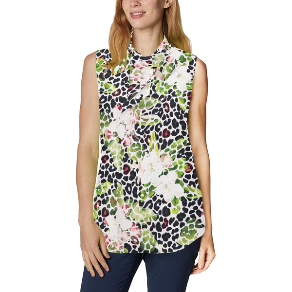 apple blossom leopard print Women's Bow Tie V-Neck Sleeveless Shirt (Model T69) - Objet D'Art