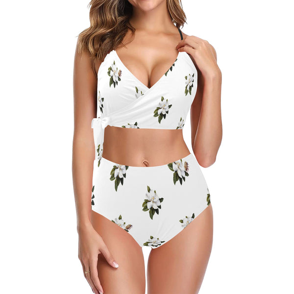 magnolia print on white Knot Side Bikini Swimsuit (Model S37) - Objet D'Art