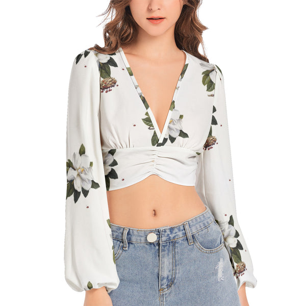 Scent of Magnolia Women's Deep V-Neck Lantern Sleeve Crop Top - Objet D'Art