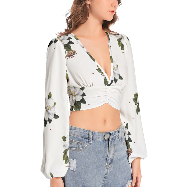 Scent of Magnolia Women's Deep V-Neck Lantern Sleeve Crop Top - Objet D'Art