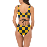 navy blue gold checkered print Cross String Bikini Set (Model S29) - Objet D'Art