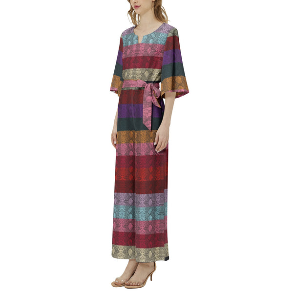 Multicolored Snakeskin Dolman Sleeve Belted Wide Leg Jumpsuit - Objet D'Art