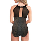 bronze print 2 swimsuit Women's High Neck Plunge Mesh Ruched Swimsuit (S43) - Objet D'Art
