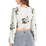 Scent of Magnolia Women's Deep V-Neck Lantern Sleeve Crop Top - Objet D'Art