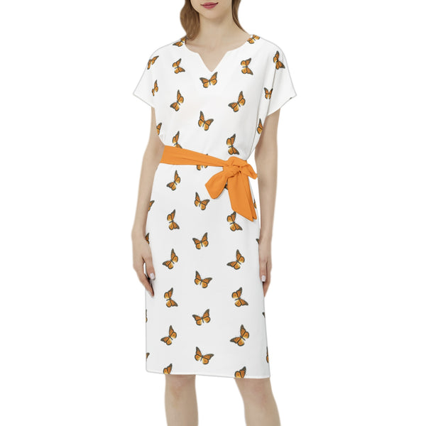 Batwing Sleeve Notch Neck Casual Dress with Belt - Objet D'Art