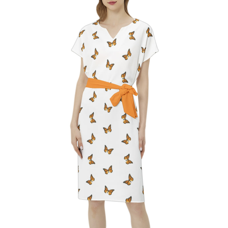 Batwing Sleeve Notch Neck Casual Dress with Belt - Objet D'Art