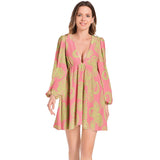 Dark Pink and Green Paisley Lantern Sleeve Deep V-Neck Short Dress - Objet D'Art