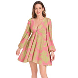 Dark Pink and Green Paisley Lantern Sleeve Deep V-Neck Short Dress - Objet D'Art