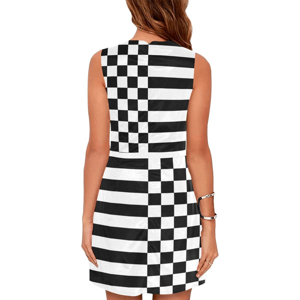 check stripe print 2 Eos Women's Sleeveless Dress (Model D01) - Objet D'Art