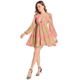 Dark Pink and Green Paisley Lantern Sleeve Deep V-Neck Short Dress - Objet D'Art