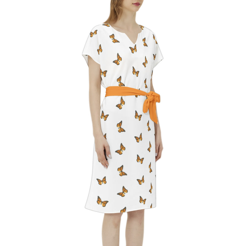 Batwing Sleeve Notch Neck Casual Dress with Belt - Objet D'Art