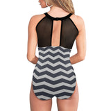 waves gray print 5 Women's High Neck Plunge Mesh Ruched Swimsuit (S43) - Objet D'Art