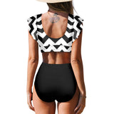 black solid print skirt Women's Ruffle Sleeve Bikini Swimsuit (Model S42) - Objet D'Art