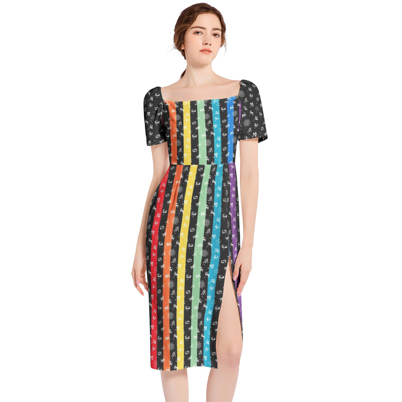 Zodiac Rainbow Split Thigh Midi Bodycon Dress - Objet D'Art