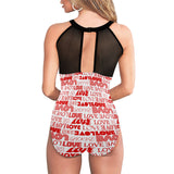 dark red love print 9k Women's High Neck Plunge Mesh Ruched Swimsuit (S43) - Objet D'Art