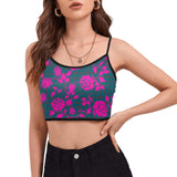 fuchsia rose emerald green greek key print 4 Women's Spaghetti Strap Crop Top (Model T67) - Objet D'Art