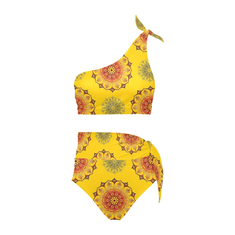 mandala gold print 3 High Waisted One Shoulder Bikini Set (Model S16) - Objet D'Art