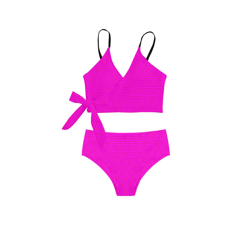 fuchsia greek key offset print Knot Side Bikini Swimsuit (Model S37) - Objet D'Art