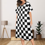 blue and white solid half Women's Button Front House Dress - Objet D'Art