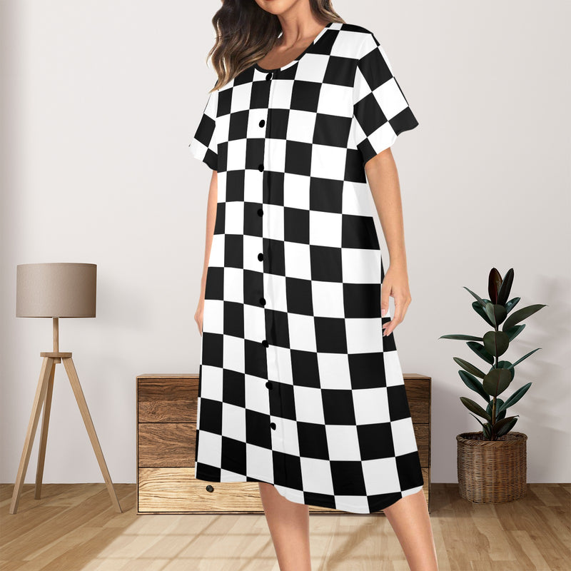 blue and white solid half Women's Button Front House Dress - Objet D'Art