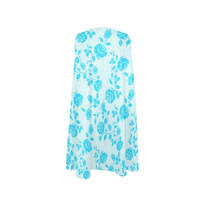 light blue greek key and medium blue roses print 2 Sleeveless A-Line Pocket Dress (Model D57) - Objet D'Art