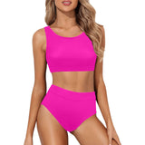 fuchsia print solid Crop Top Bikini Set (Model S21) - Objet D'Art