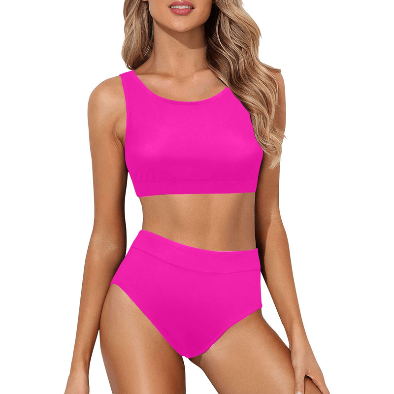 fuchsia print solid Crop Top Bikini Set (Model S21) - Objet D'Art