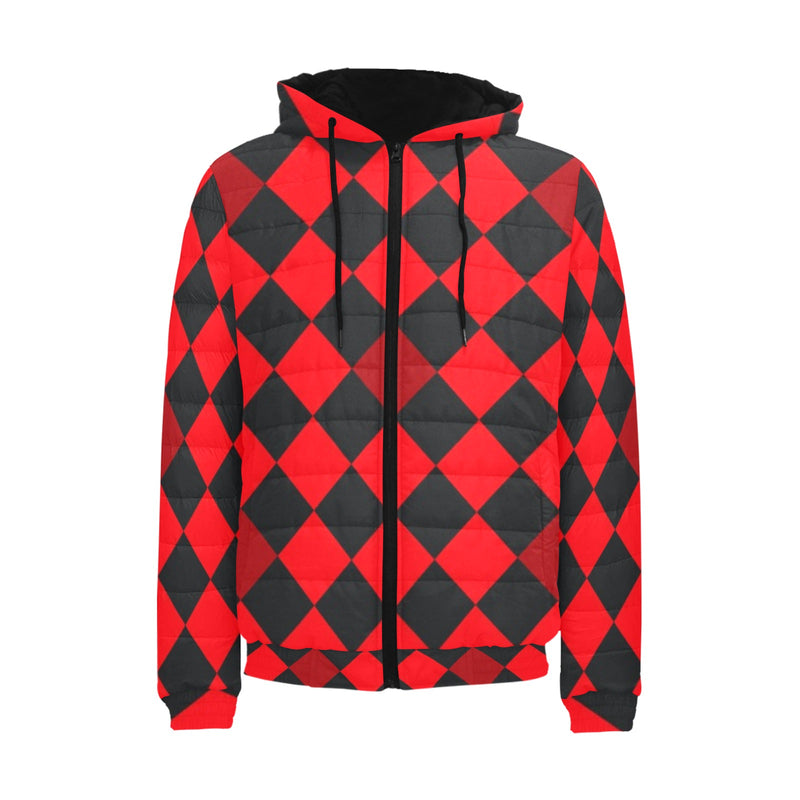 red black diamond print 2 Men's Padded Hooded Jacket (Model H42) - Objet D'Art