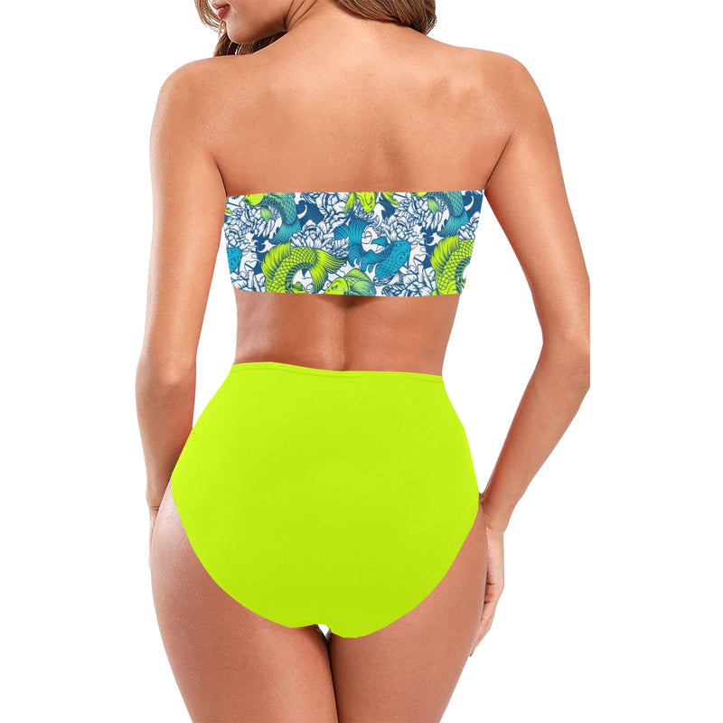 bright neon green print Chest Wrap Bikini Swimsuit (Model S36) - Objet D'Art