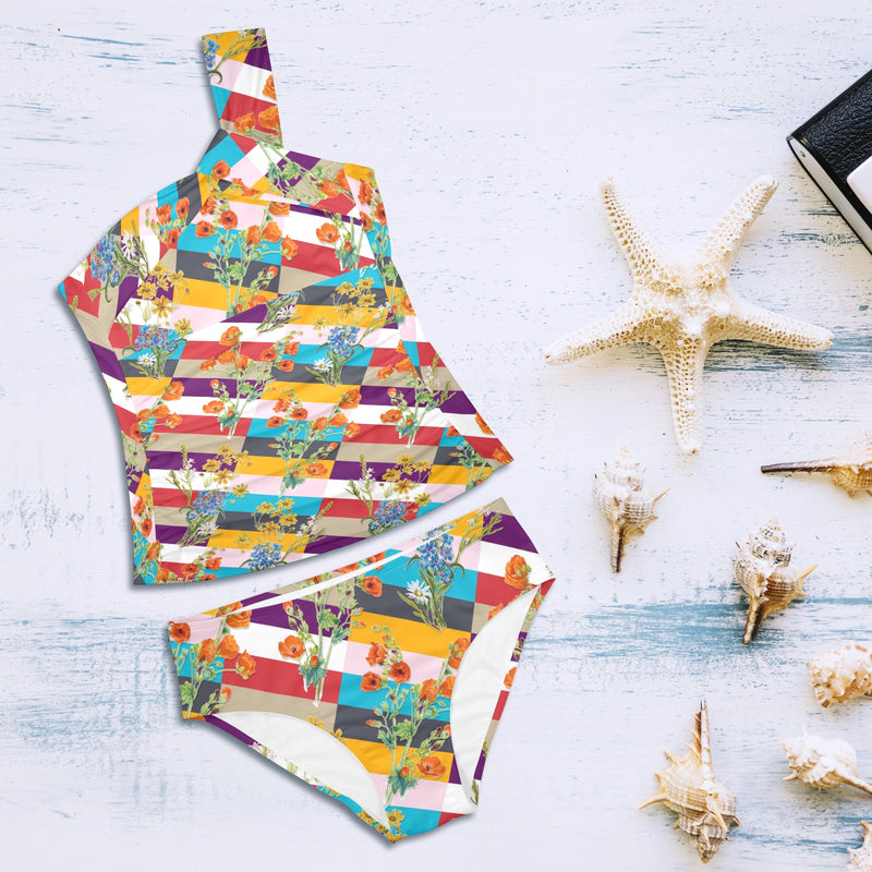 floral striped swimwear Women's One Shoulder Backless Swimsuit (Model S44) - Objet D'Art